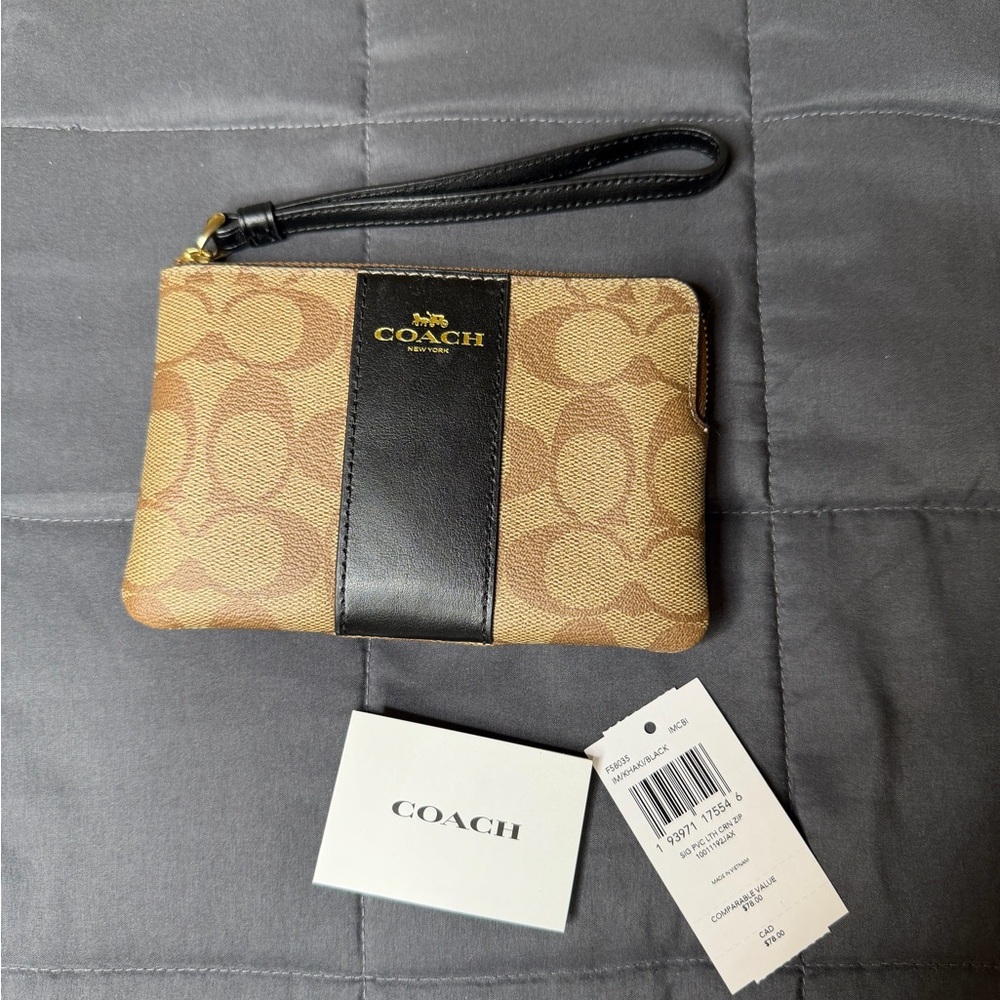 Coach Tan and Black Signature Wristlet